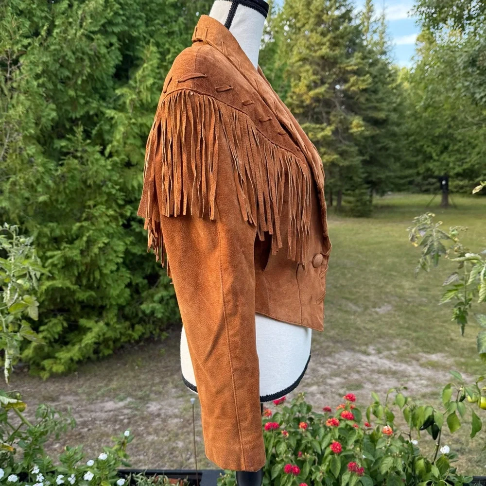 Vintage Phoenix USA Tan Fringed Women's Genuine Pig Split Jacket Blazer Medium - Picture 4 of 16